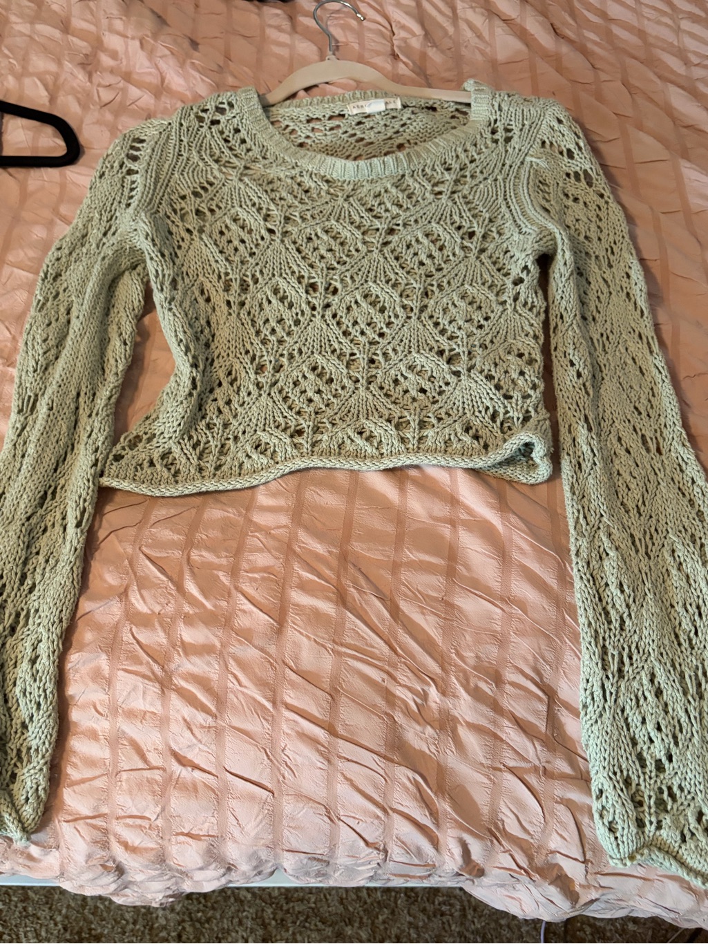Aeropostale Light Sage Green Openwork Cropped Crewneck Sweater